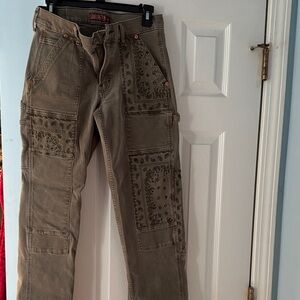 Lucky Brand Olive-Taupe Cargo Jeans with Bandana Patchwork
